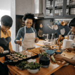 women making food in a kitchen holiday ready